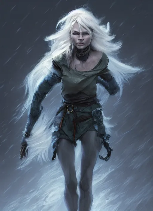 Image similar to ( hyperrealist nordic drow full body wallpaper on a windy storm planet ) by daniel f. gerhartz and matt stewart, photorealistic, dynamic lighting, bet face, very detalided body, beautiful, perfect factions, trending on artstation, poster, volumetric lighting, 4 k, award winning