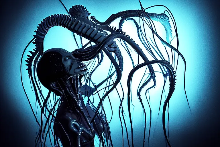 Prompt: jellyfish as xenomorph queen, psycho stupid fuck it insane, looks like death but cant seem to confirm, cinematic lighting, bioluminescence fluorescent phosphorescent, various refining methods, micro macro autofocus, ultra definition, award winning photo, to hell with you, glowing bones, devianart craze, a gammell - giger film