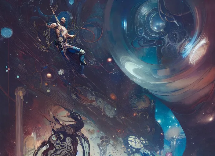 Prompt: joel kinnaman as a warrior surrounded by intergalactic planets connected by streams of magical flow, visually stunning, luxurious, by james jean, jakub rebelka, tran nguyen, peter mohrbacher, yoann lossel, wadim kashin