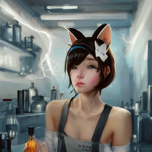 Image similar to alchemist girl with cat ears in a lab, by WLOP, by Artgerm, by Michael Garmash, by Rob Rey, digital art, trending on artstation, beautiful lightning, atmospheric, fantasy