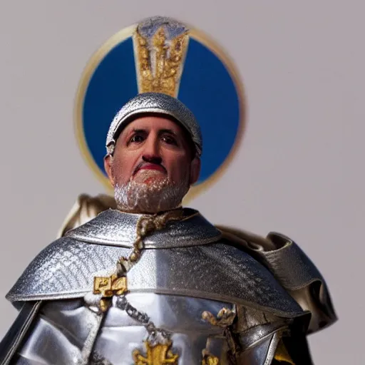Image similar to action figure of pope francis as a knight. advertising photograph, photographic, hyperreal, 3 5 mm