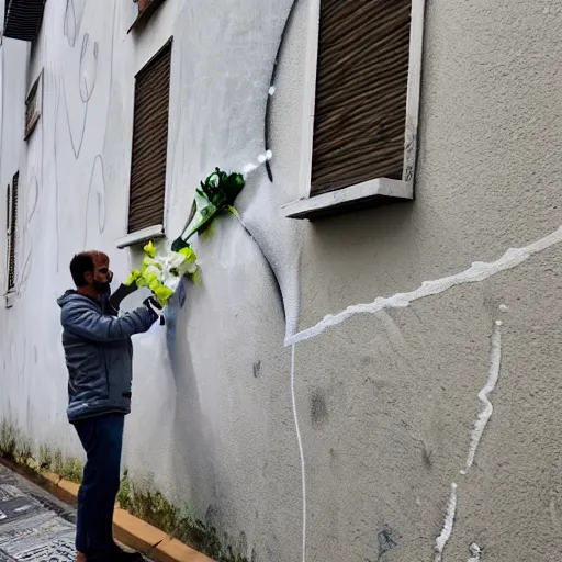 Prompt: guy with white hoodie spray painting flowers in a wall in genova