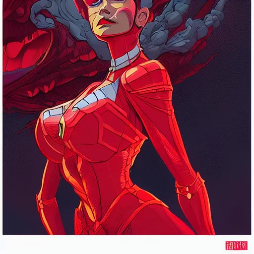 Image similar to female portrait anthropomorphic dragon wearing red clothes the graphic style of Patrick Gleason and Dan Mumford, detailed art, trending on Artstation, sharp focus, comic art