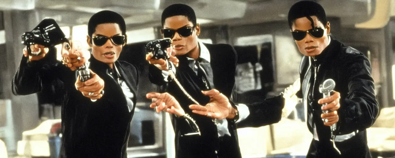 Prompt: michael jackson with very short hair in men in black pointing the neuralyzer at will smith