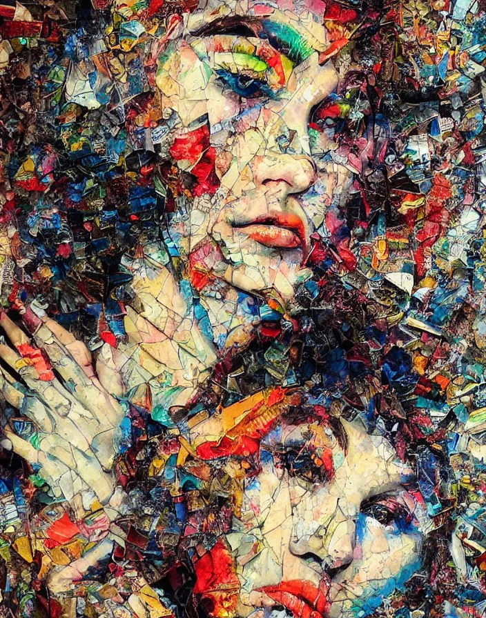 Prompt: sacred orgasm detailed analogue mixed media collage with canvas texture in style of contemporary art, punk art, hyperrealistic beautiful face, photorealistic, expressionism, masterpiece, perfect composition, spectacular quality, intricate oil details, vivid broken glass, torn paper, magazine pages