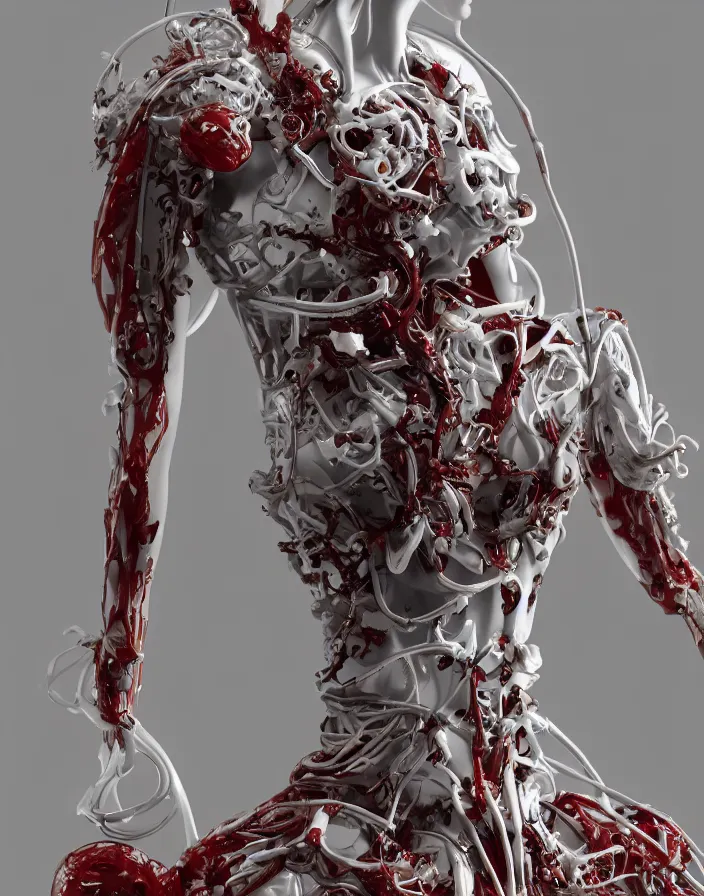 Prompt: biomechanical dress in the form of a wax liquid sculpture Apollon, full lenght view, (((stands))) on rock, burning red wax .woman wearing a helmet. white plastic, human skull, swollen muscles, tumors, veins, tendons, wires, baroque elements. intricate drawings. halo. octane rendering, cinematic, hyperrealism, octane rendering, 8k, depth of field, bokeh. iridescent accents. vibrant. teal gold and red color scheme