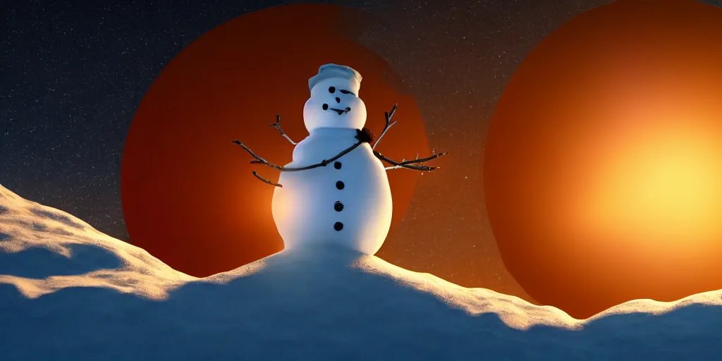 Image similar to a snowman standing on top of the sun. cinematic, dramatic, atmospheric, extremely coherent, 8 k, space
