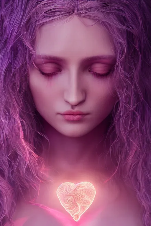 Prompt: Aphrodite, magical, forest, evening, pink mist, Greek Goddess, Olympus, mythology, symmetrical face, large purple eyes, pale, symmetrical magic heart, hyper realistic, digital art, octane render, trending on artstation, artstationHD, artstationHQ, unreal engine, 4k, 8k