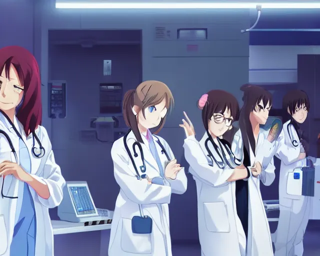 Image similar to five cute young female doctors wearing white coat standing in front of a CT machine, slice of life anime, lighting, anime scenery by Makoto shinkai