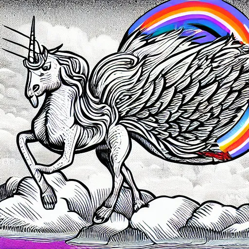 Prompt: old english sheet dog with a unicorn horn and wings flying in the sky with rainbows synthwave line art illustration, 1981, high detail