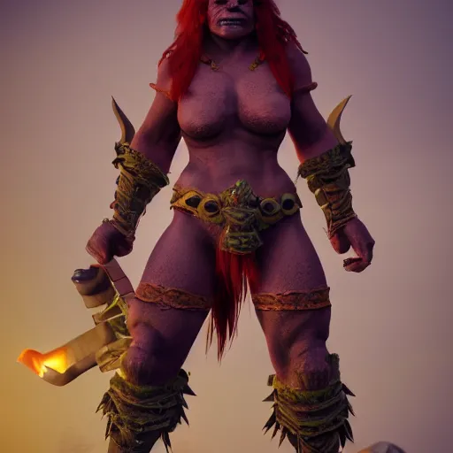 Image similar to beautiful redhead girl orc, clash royal style characters, unreal engine 5, octane render, detailed, cinematografic, cinema 4 d