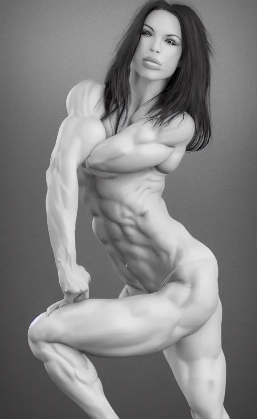Image similar to photo of bodybuilder woman posing in white peignoir, full leight, ultra rendered extreme realism and detail, 8 k, highly detailed, realistic, photorealistic,
