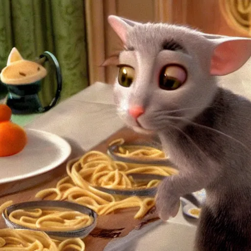 Image similar to Ratatouille but Alfredo Linguini is the cat Tom