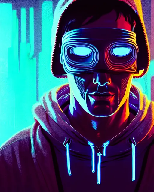 Image similar to cyberpunk synth, hyper - realistic portrait of a man in a hoodie with detailed neon mask, cyberpunk, intricate, lifelike, by atey ghailan, by greg rutkowski, by greg tocchini, by james gilleard, by joe fenton, by kaethe butcher, dynamic lighting, gradient light blue, brown, cinematic lighting color scheme, sharp focus, grunge aesthetic