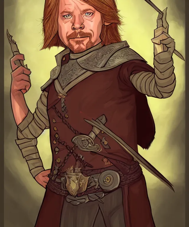 Image similar to a fantasy comic - style full portrait of a halfling maitre'd who looks like david spade, digital illustration by ken taylor and sana takeda and jenny frison, character design, concept art, fine inking lines, vivid colors, dnd, highly detailed!, hd, 4 k, trending on artstation