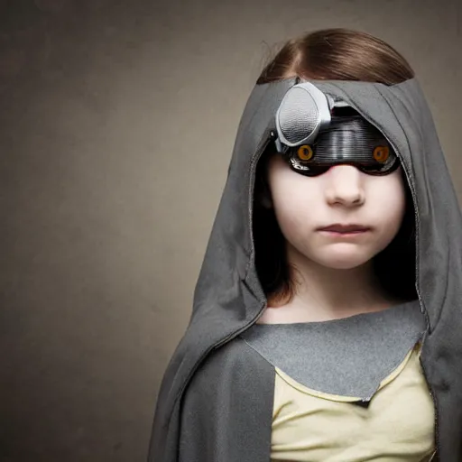 Image similar to cyborg girl wearing a cloak and a prosthetic arm