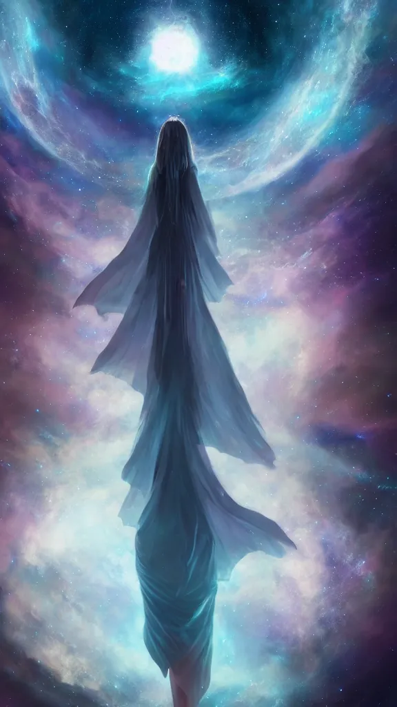 Prompt: god with a cape, full body, galaxy, and, stars, atmosphere, ethereal, insanely, detailed, volumetric, symmetrical, concept art, charlie bowater, kelly mckernan, unreal engine, 8 k