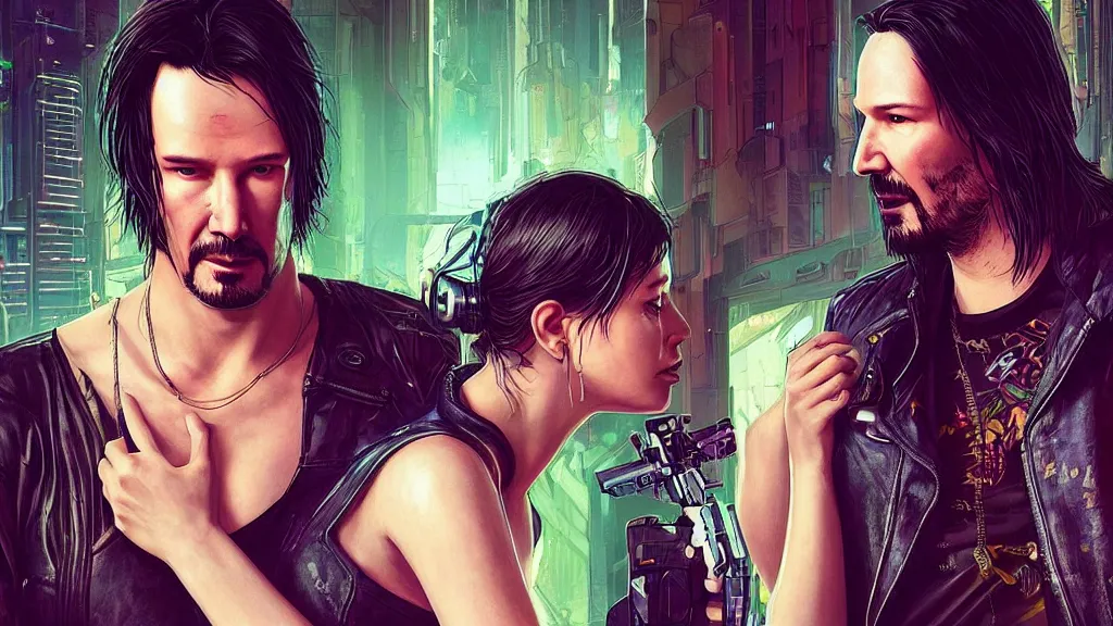 Image similar to a cyberpunk 2077 srcreenshot couple portrait of Keanu Reeves and female android final kiss,love,film lighting,by Laurie Greasley,Lawrence Alma-Tadema,Andrei Riabovitchev,Dan Mumford,John Wick,Speed,Replicas,artstation,deviantart,FAN ART,full of color,Digital painting,face enhance,highly detailed,8K,octane,golden ratio,cinematic lighting