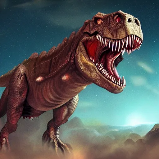 Image similar to A T-Rex watching the asteroid hitting Earth, digital art, realistic, artstation, detailed