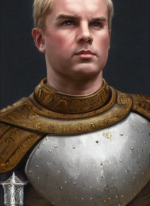 Prompt: a portrait of a fantasy beardless plump cleric with no beard, short blonde hair comb over hairstyle, young adult, short in stature, silver breastplate with religious engravings, clean shaven, serious expression, style by donato giancola, wayne reynolds, jeff easley dramatic light, high detail, cinematic lighting, artstation, dungeons and dragons
