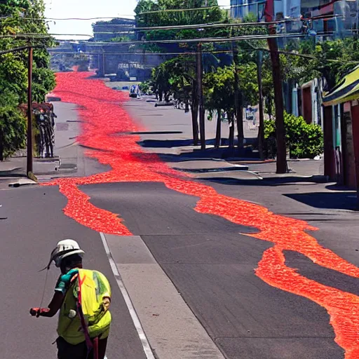 Prompt: streets filled with lava, suburban hot sunny day