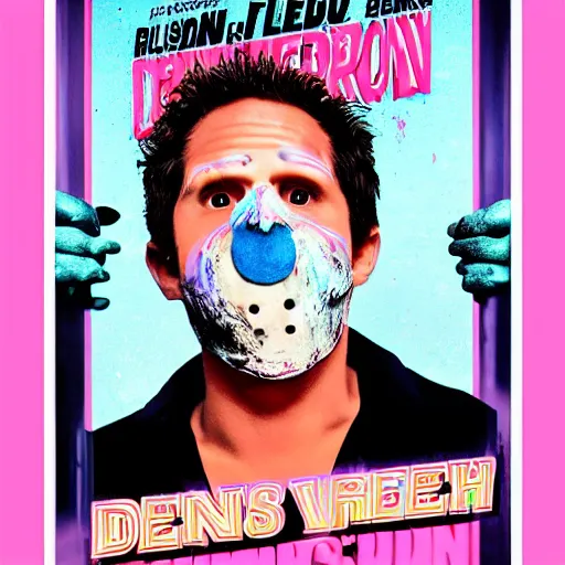 Image similar to dennis reynolds wearing half of a jason hokey mask. pink and blue neon with red and black letters in neon font that says the golden god butcher knife movie poster