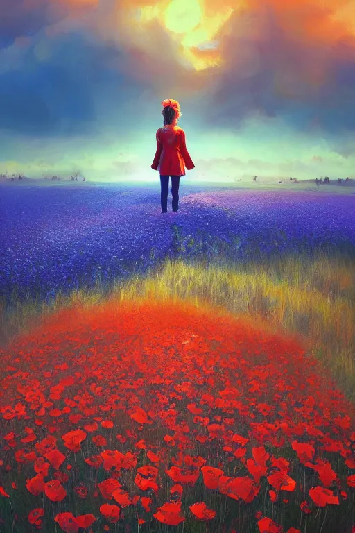 Image similar to closeup, giant poppy flower head, girl standing in a field of flowers, surreal photography, sunrise, blue sky, dramatic light, impressionist painting, digital painting, artstation, simon stalenhag