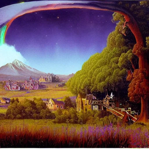 Prompt: a beautiful painting renaissance painting by bob ross and lawlery botticello, panorama, psychedelic painting dark dusty village apparition, by bruce pennington and vincent jusko, watercolor, 2 d game art
