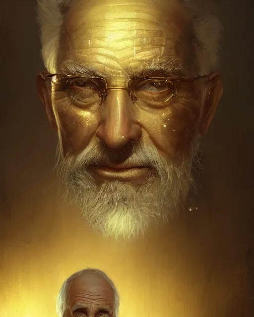 Image similar to An old man looking in a golden mirror, beautiful face, highly detailed face, close-up, fantasy art, male art, in the style of greg rutkowski, illustration, epic, fantasy, intricate, hyper detailed, artstation, concept art, smooth, sharp focus, ray tracing