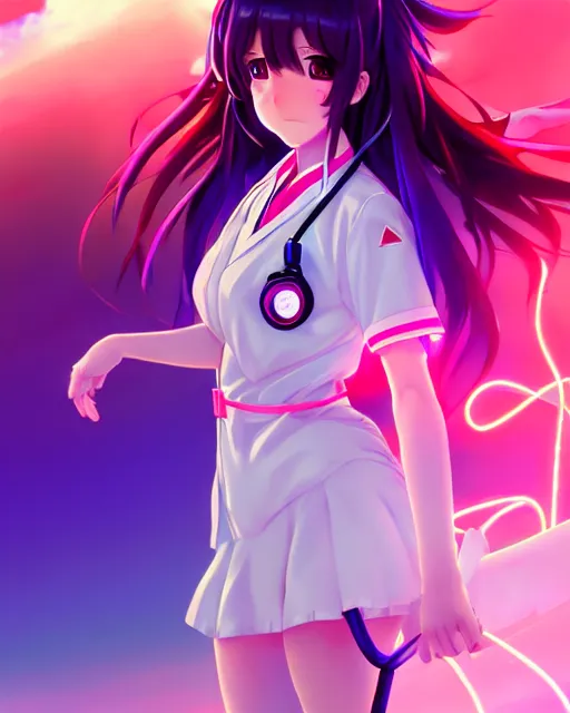 Image similar to anime style, vivid, expressive, full body, 4 k, painting, a cute magical girl with a long wavy hair wearing a nurse outfit, correct proportions, stunning, realistic light and shadow effects, neon lights, centered, simple background, studio ghibly makoto shinkai yuji yamaguchi