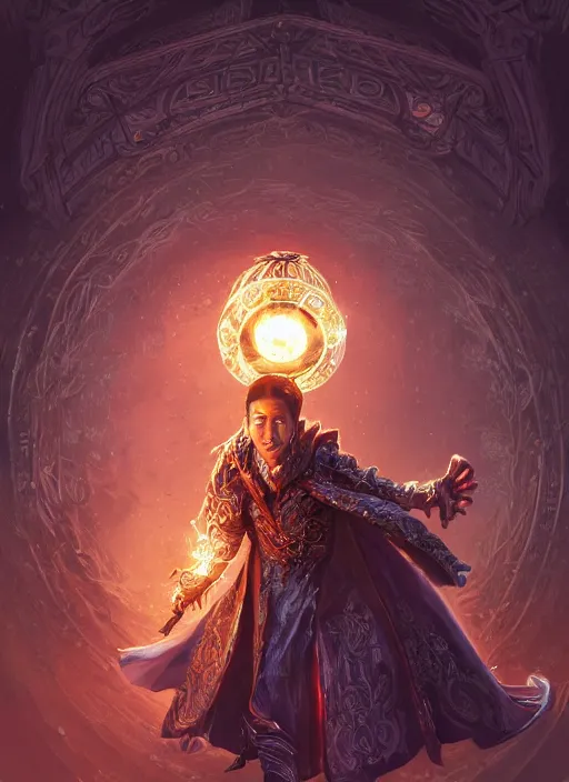 Prompt: a highly detailed illustration of Tony Leung Chiu-wai as wizard wearing ornate black robe and mage hat, dramatic wielding glowing orb pose, with guardian angle floating behind him, intricate, elegant, highly detailed, centered, digital painting, artstation, concept art, smooth, sharp focus, league of legends concept art, WLOP