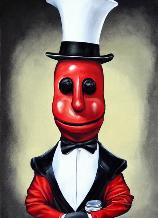 Image similar to hyper realistic painting of an anthropomorphic banana with bloodshot eyes; wearing a white shirt and white top hat; painted by Greg Rukowtski