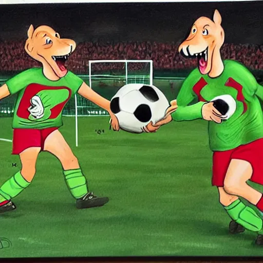 Image similar to beautiful lifelike painting of two bros having a sick time at rival soccer match in dog world, hyperreal detailed facial features and uv lighting, art by ed roth and basil wolverton