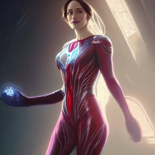 Image similar to full figure ultra realistic illustration, dakota johnson as madame web, intricate, elegant, highly detailed, digital painting, artstation, concept art, smooth, sharp focus, illustration, art by artgerm and greg rutkowski and alphonse mucha