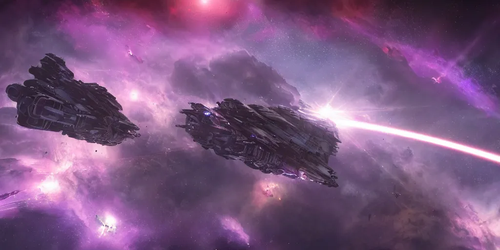 Image similar to A hi-tech capital spaceship preparing its laser weapons in space, purple space nebula, white stars in the background, dreadnought, warhammer 40K, realistic 4k octane beautifully detailed render, 4k post-processing, highly detailed, intricate complexity, epic composition, magical atmosphere, cinematic lighting, masterpiece, ultra hd