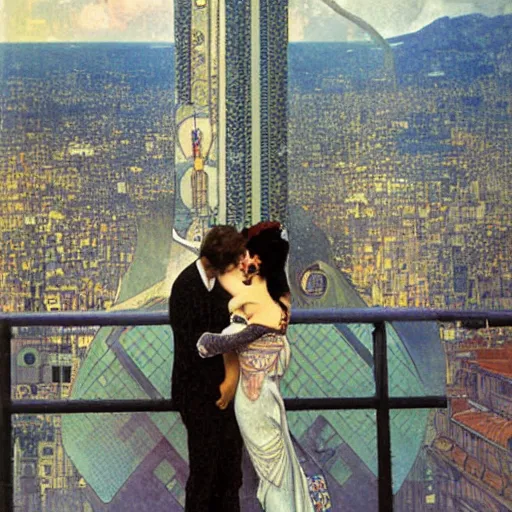 Prompt: a city in the future | tall skyscrapers | flying cars | giant digital billboards | a beautiful modern couple stands on a balcony in the foreground | they look out over the futuristic city this is also our pov | by greg rutkowski alphonse mucha gustav klimt mel ramos and john berkey | golden ratio