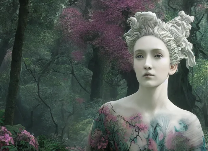 Prompt: a portrait of idealistic marble statue with fractal flowery hair and white fair porcelain face, in a magical forest, matte painting, painted by, mc escher, gordon onslow ford, georgia o'keeffe and ivan aivazovsky, cinematic light, god rays, colourful, unreal engine, zbrush central,