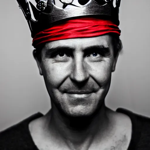 Image similar to man with a crown, smirk, photograph, black backgrounds, red eyes