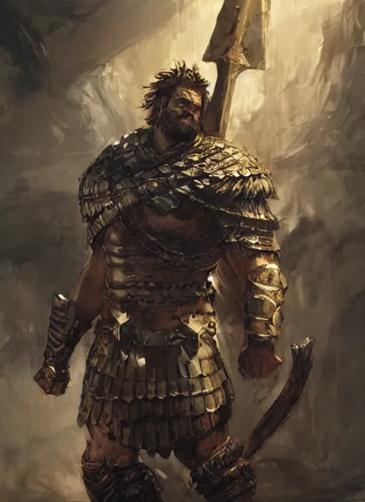 Image similar to ancient historically accurate depiction of the Bible Character Goliath of Gath, the Philistine warrior giant in ancient persian chainmail armor, dramatic lighting art by Yoji Shinkawa by Richard Schmid by greg rutkowski by Sandra Chevrier by Jeremy Lipking cinematic dramatic