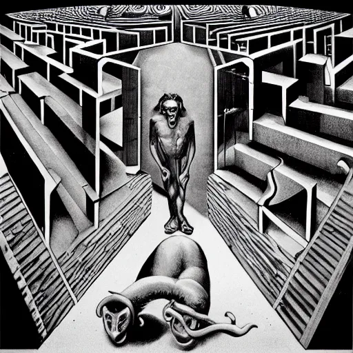 Image similar to andrew lloyd webber apprehensively enters the labyrinth of the minotaur, mc escher