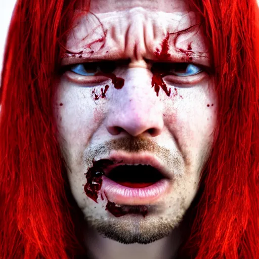 Prompt: Portrait of a crying man with tears of blood with red hair, 50 mm, hyper-realistic, 8K HDR.