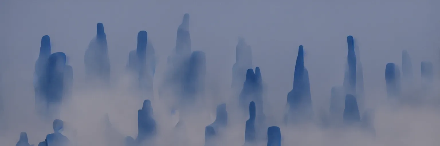 Image similar to towering blue ceramic statues in an en endless blue desert with an overcast sky, cinematic composition, coloured smoke in the distance