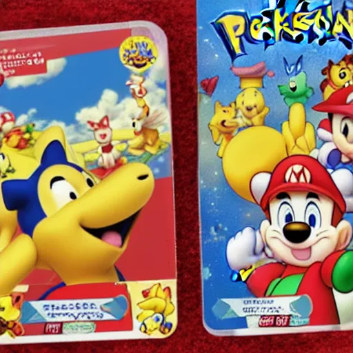 Image similar to photograph of winnie the pooh and super mario and sonic the hedgehog anime style, on pokemon card packs at target