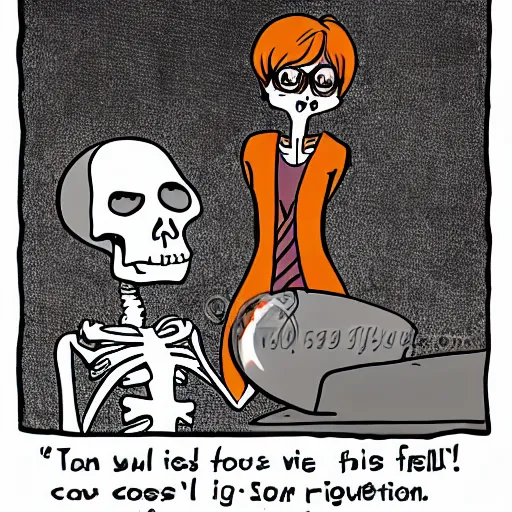 Prompt: velma tells off a confused skeleton, cartoon