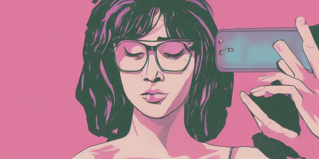 Prompt: vaporwave illustration of an attractive white woman staring at her phone, wearing glasses, sad, afraid, symmetrical, trending on artstation