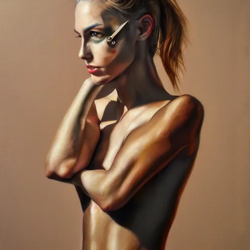 Image similar to cyborg fashion model, hyperrealism oil painting, matte