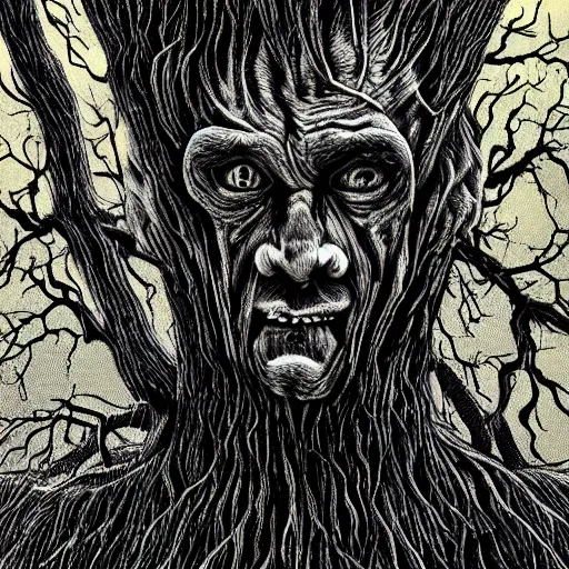 Image similar to old man morphing into a tree, scary, horror, intricate details