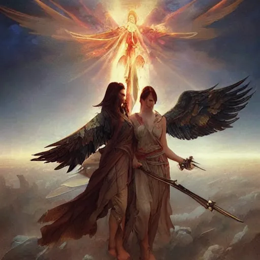 Prompt: angels of war clash in a bloody war in heaven, hellish, brutal, god rays, volumetric lighting, octane render, 4 k resolution, art by artgerm and greg rutkowski and alphonse mucha, masterpiece, in a luminist baroque style