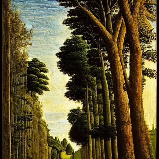 Image similar to in the style of sandro botticelli, beautiful small down, cobblestone roads, low light, end of day, trees, forest in the distance, light mist