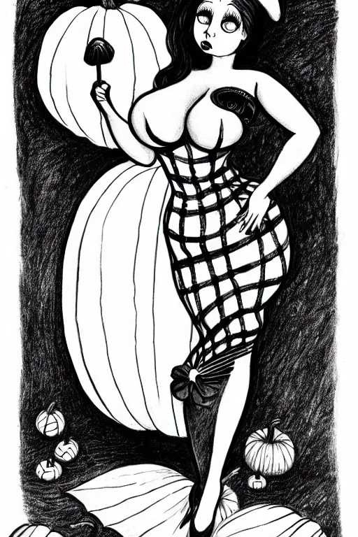 Image similar to black and white ink drawing of a beautiful curvy woman in short gothic skirt holding an umbrella next to a pumpkin by tim burton and edward gory